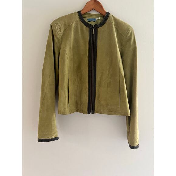 Provence D'amour Light Green & Brown Zip Up Leather Jacket Size Medium JL - Picture 1 of 9